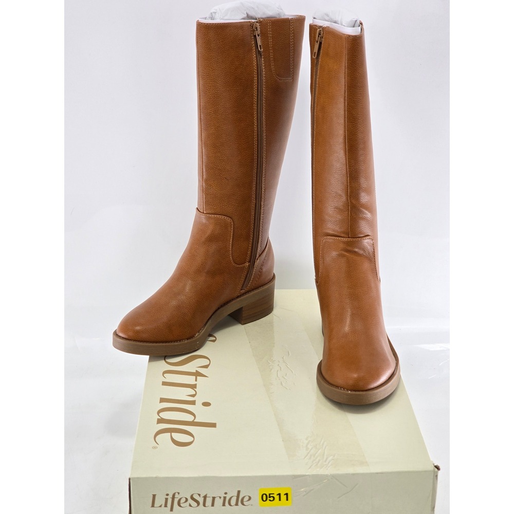 LifeStride Brinley Boots Women 6.5W Caramel Tall Zip Block Heel - New